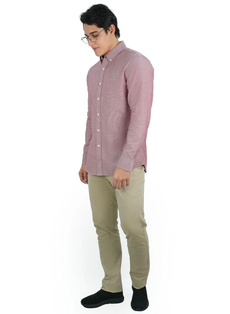 جيوردانو قميص رجالي قطن أكسفورد بتطريز أسد صغير، قصة ضيقة، بأزرار كاملة