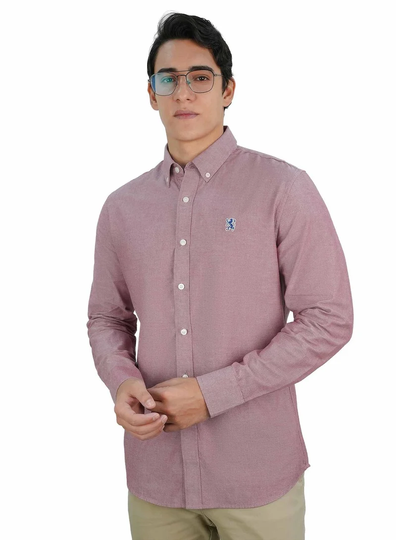 جيوردانو قميص رجالي قطن أكسفورد بتطريز أسد صغير، قصة ضيقة، بأزرار كاملة