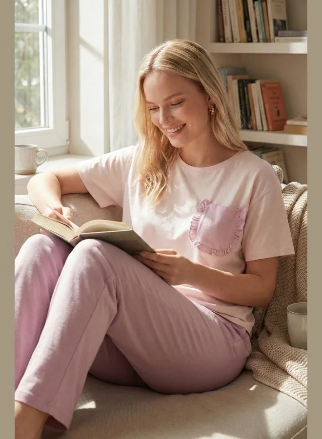 Lela Lela Cotton Regular Fit Crew Neck Pajama Set with Pocket Details Women's Pajama Set 6091325