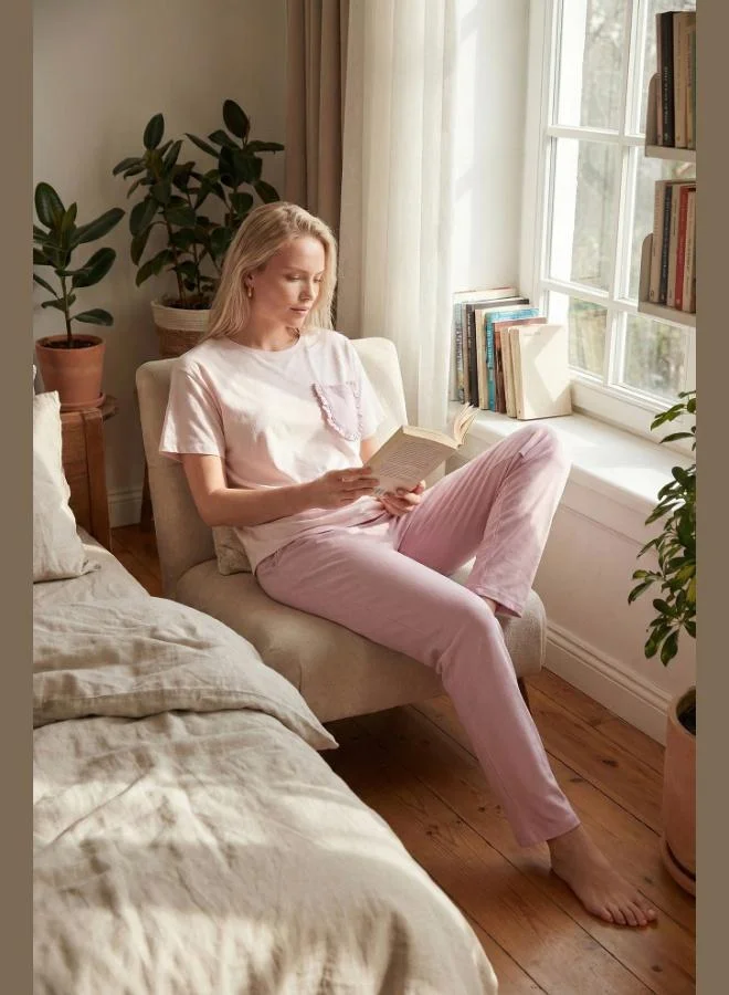 Lela Lela Cotton Regular Fit Crew Neck Pajama Set with Pocket Details Women's Pajama Set 6091325