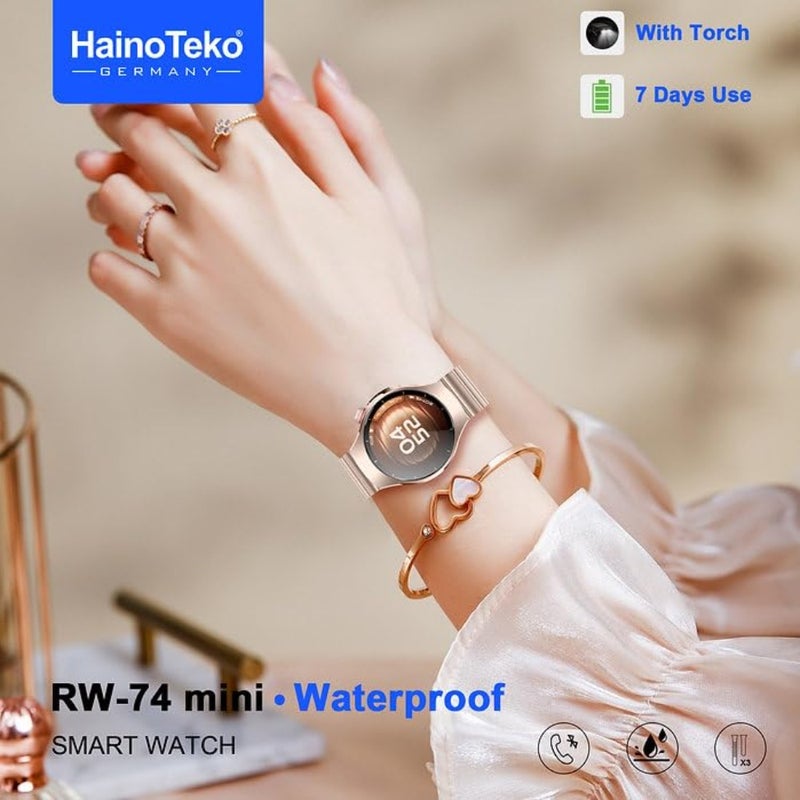 Mini waterproof smart watch for women with curved AMOLED display, Bluetooth calling, 3 interchangeable straps, charging cable, black silicone strap, lightweight design - Image 3