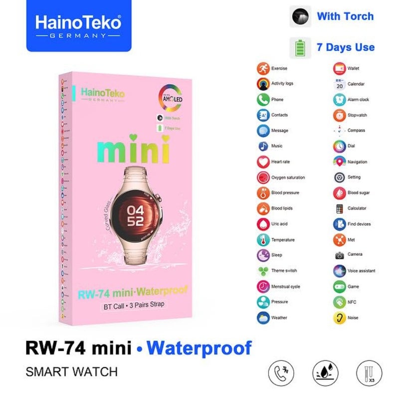 Mini waterproof smart watch for women with curved AMOLED display, Bluetooth calling, 3 interchangeable straps, charging cable, black silicone strap, lightweight design - Image 4