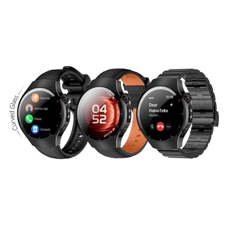 Mini waterproof smart watch for women with curved AMOLED display, Bluetooth calling, 3 interchangeable straps, charging cable, black silicone strap, lightweight design - Image 1
