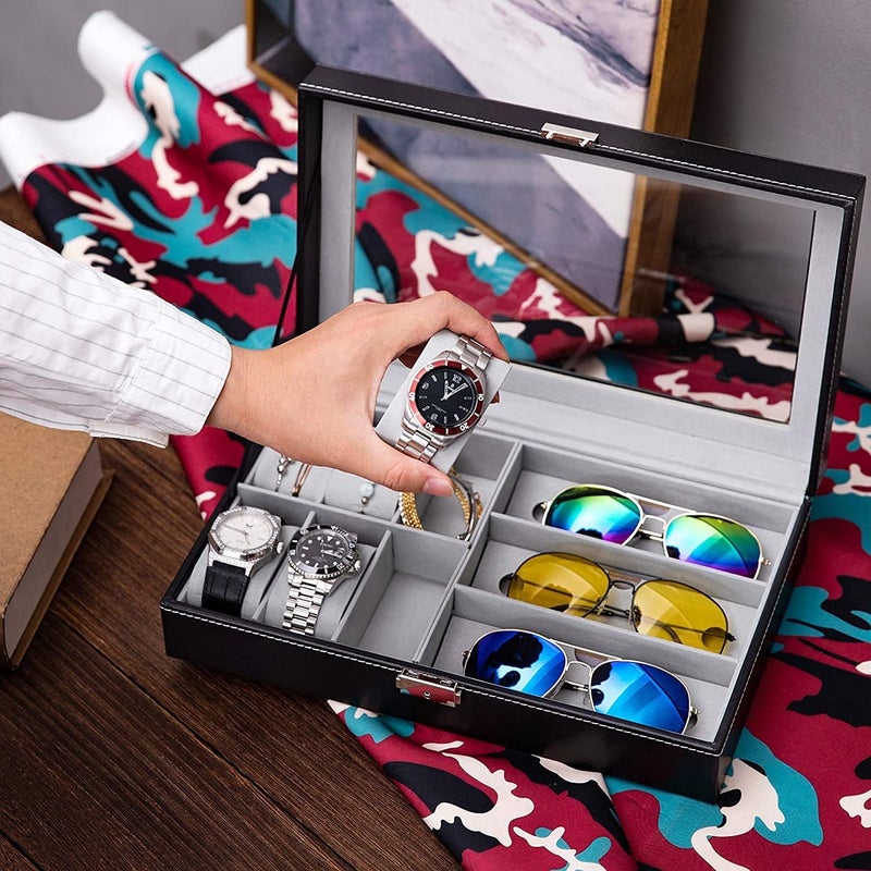 2-in-1 Watch and Sunglasses Organizer Box - 6 Slot Watch Case & 3 Slot Eyeglass Display Organizer, Black PU Leather - Image 2