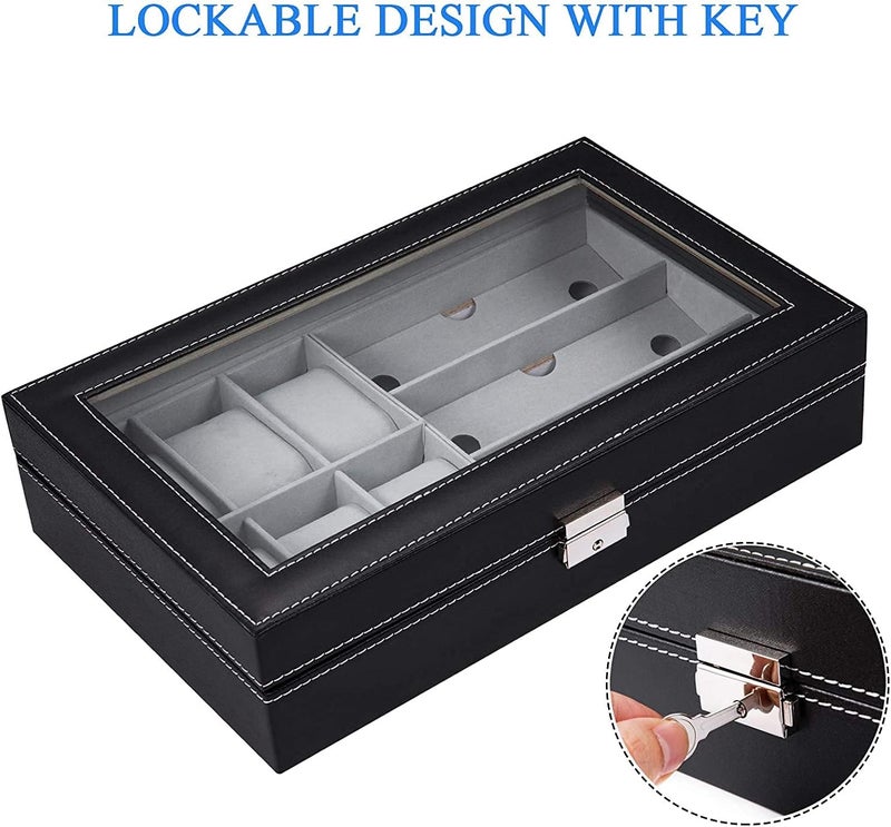 2-in-1 Watch and Sunglasses Organizer Box - 6 Slot Watch Case & 3 Slot Eyeglass Display Organizer, Black PU Leather - Image 4