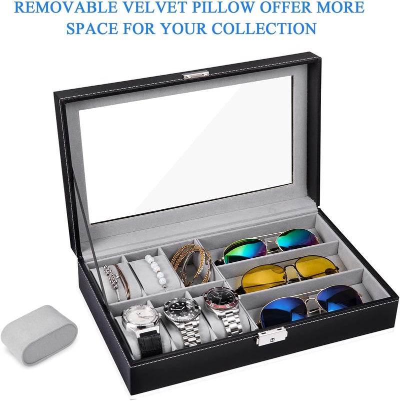 2-in-1 Watch and Sunglasses Organizer Box - 6 Slot Watch Case & 3 Slot Eyeglass Display Organizer, Black PU Leather - Image 5