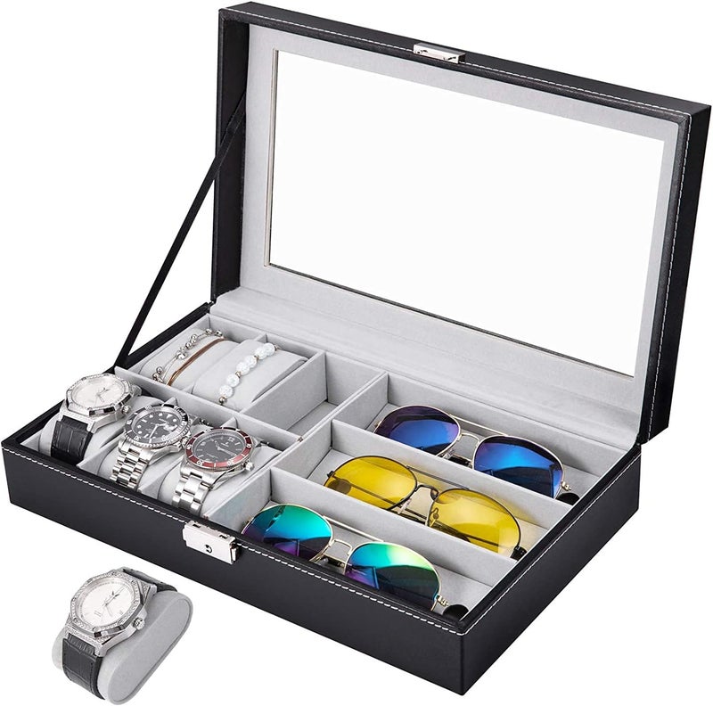 2-in-1 Watch and Sunglasses Organizer Box - 6 Slot Watch Case & 3 Slot Eyeglass Display Organizer, Black PU Leather - Image 1
