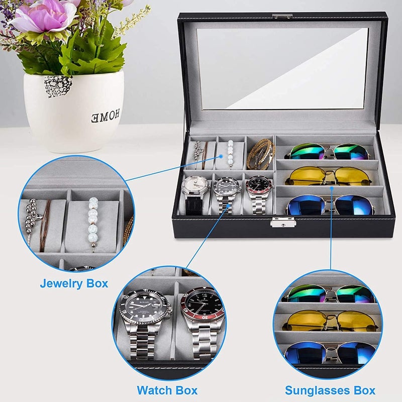 2-in-1 Watch and Sunglasses Organizer Box - 6 Slot Watch Case & 3 Slot Eyeglass Display Organizer, Black PU Leather - Image 3