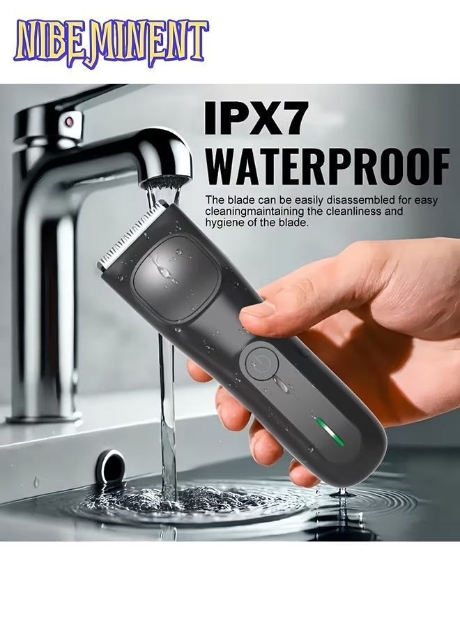 NIBEMINENT مُشَذِّب شعر العانة للرجال، ماكينة حلاقة شعر العانة العامة، مع مجموعة غطاء حماية 2، رأس شفرة سيراميك، ماكينة حلاقة جافة ورطبة، ماكينة حلاقة كهربائية مشحونة عبر USB، ماكينة قص الشعر، ماكينة حلاقة، مُشَذِّب شعر الساق، مُشَذِّب وجه الرجال بدون ألم، هدية سوداء خمسة - Image 1