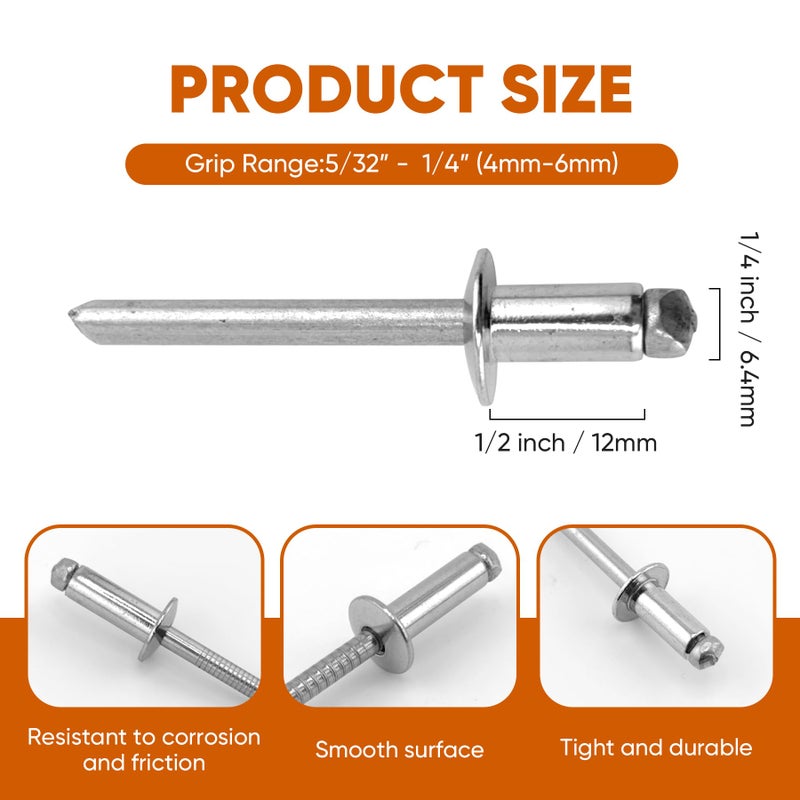 ALLCLEAN 50 Pcs 1/4" x 1/2" Stainless Steel Blind Pro Rivets,6.4 x 12mm Pop Rivets,Stainless Steel Grip and Stainless Steel Mandrel - Image 2