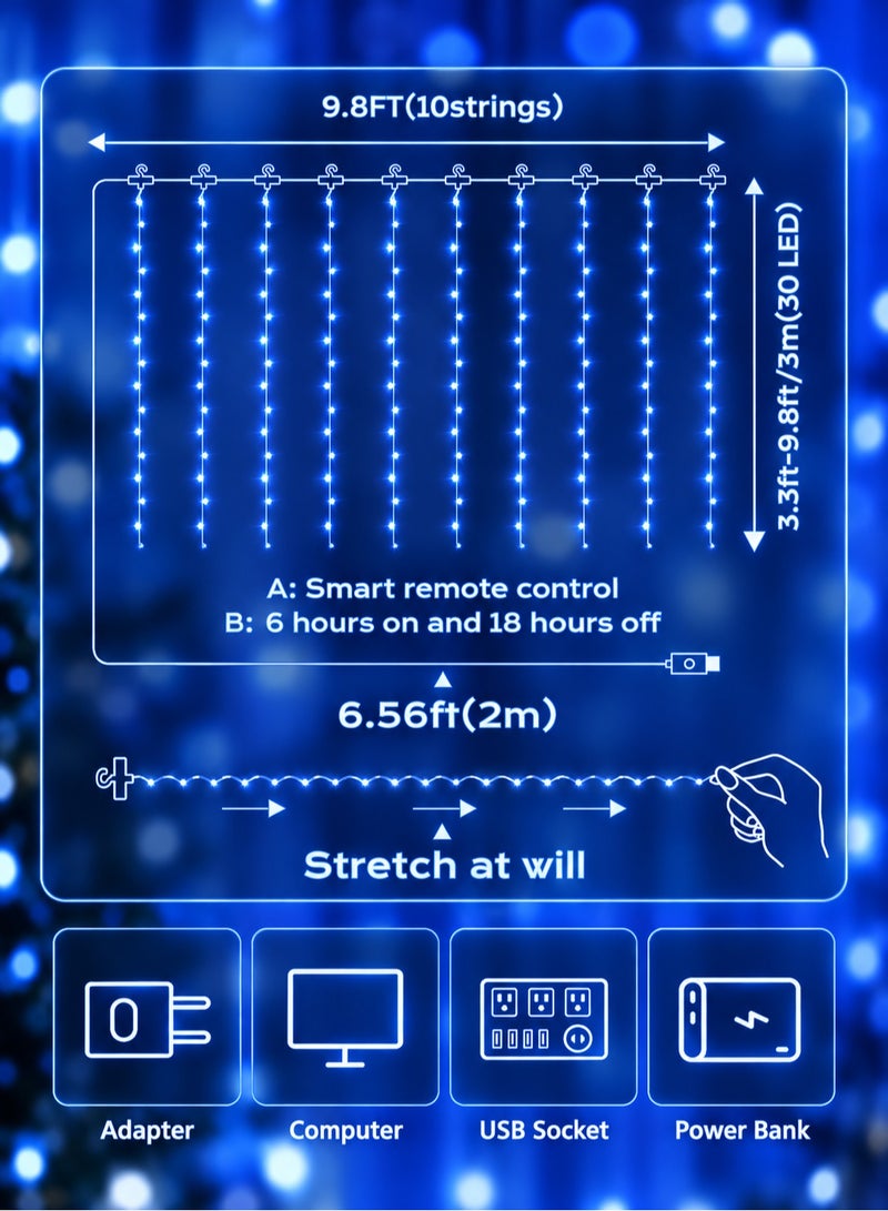 Solerconm 3×3M Blue Curtain String Lights, 300 LED Fairy Lights with Remote Control, USB Powered, 8 Lighting Modes, Blue Curtain Lights for Bedroom, Wedding, Party & Home Decor - Image 3