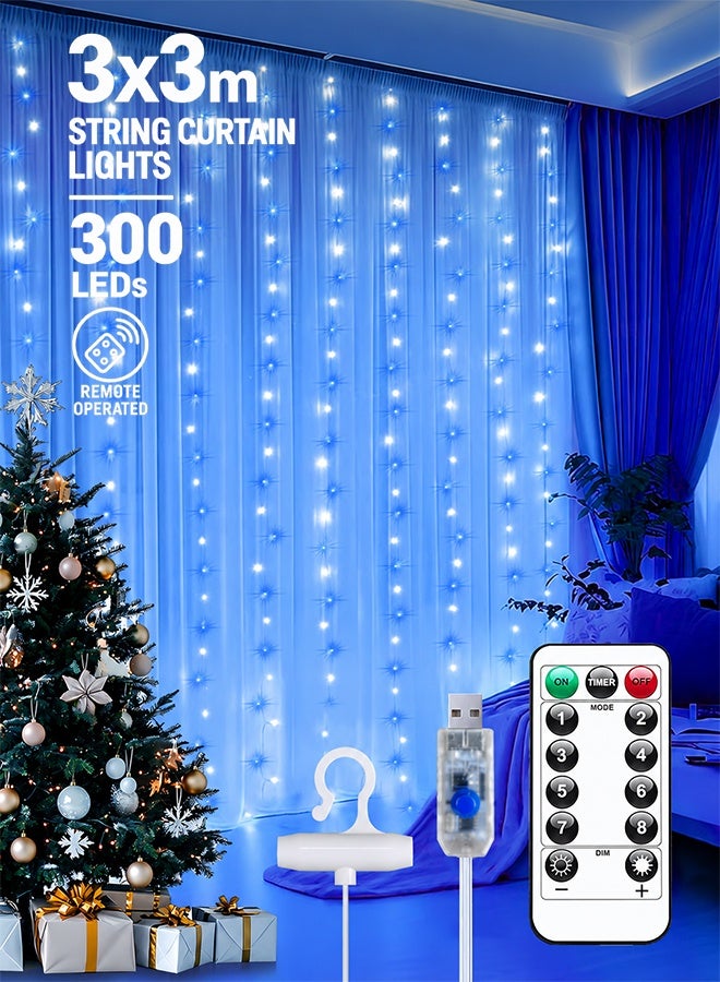Solerconm 3×3M Blue Curtain String Lights, 300 LED Fairy Lights with Remote Control, USB Powered, 8 Lighting Modes, Blue Curtain Lights for Bedroom, Wedding, Party & Home Decor - Image 1