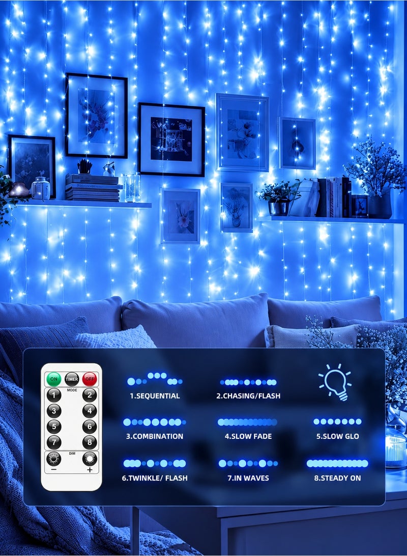 Solerconm 3×3M Blue Curtain String Lights, 300 LED Fairy Lights with Remote Control, USB Powered, 8 Lighting Modes, Blue Curtain Lights for Bedroom, Wedding, Party & Home Decor - Image 4