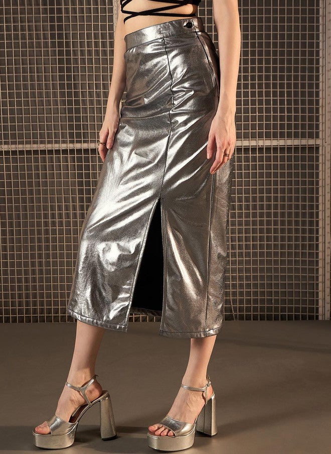 StyleStone Silver Solid Straight Front Slit Midi Skirt - Image 2