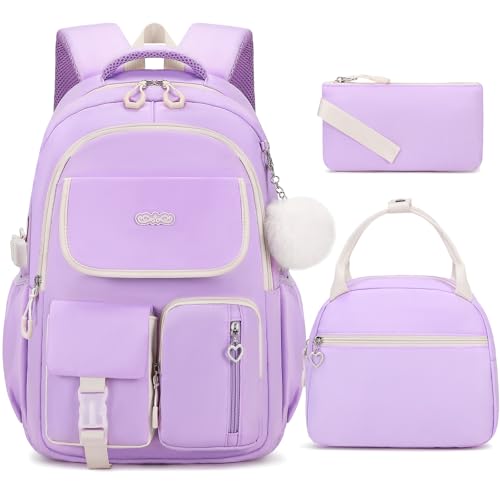 DIGOBAY Backpacks for Girls 3PCS School Backpack with Lunch Box Pencil Pouch for Teen Girls Kids Elementary Primary Middle High College Daypack School bag Bookbag SetPurple - Image 1