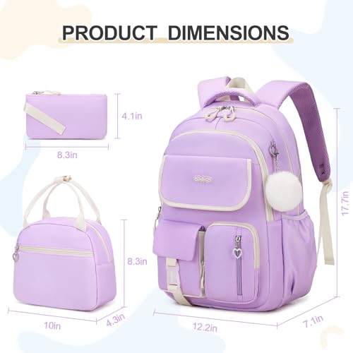 DIGOBAY Backpacks for Girls 3PCS School Backpack with Lunch Box Pencil Pouch for Teen Girls Kids Elementary Primary Middle High College Daypack School bag Bookbag SetPurple - Image 3
