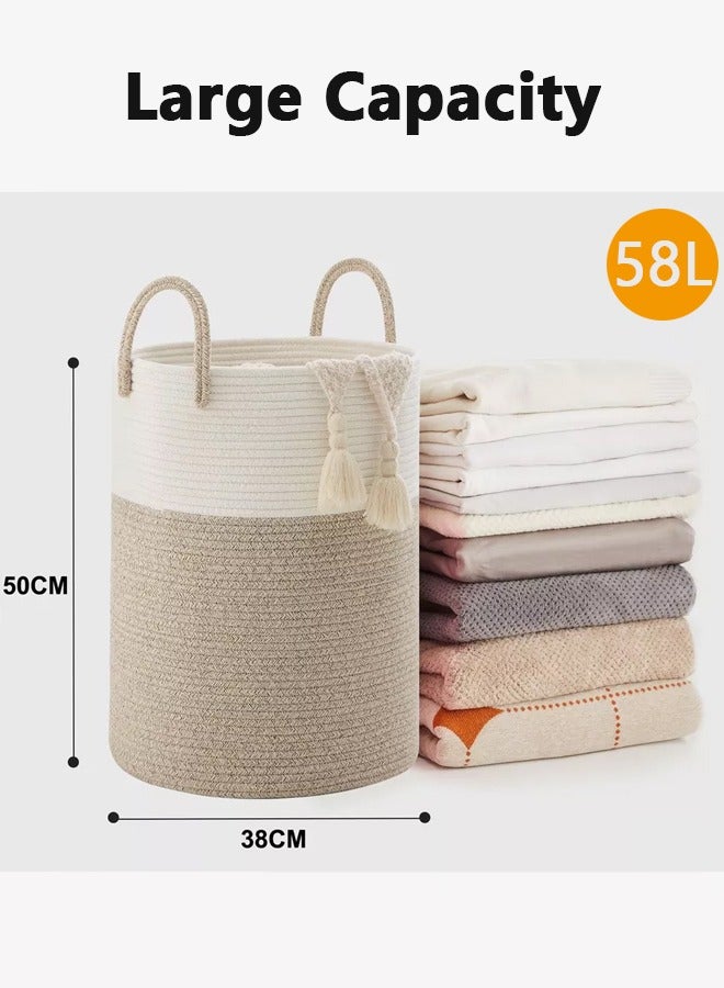 Large Laundry Basket, 58L Tall Woven Rope Storage Basket with Handle, Laundry Hamper for Blanket, Toys, Dirty Clothes in Living Room, Bathroom, Bedroom (Brown)  - Image 2