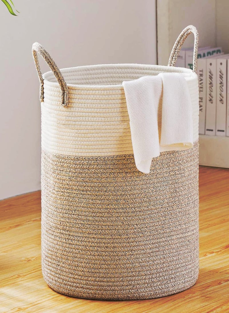 Large Laundry Basket, 58L Tall Woven Rope Storage Basket with Handle, Laundry Hamper for Blanket, Toys, Dirty Clothes in Living Room, Bathroom, Bedroom (Brown)  - Image 1