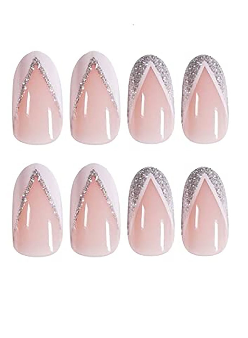 KASTWAVE Nail Patches Silver Side StyleFake Nails Short Press on Nails Square Crystal False Nails Prom Nails Full Cover Nails Tips 24pcs for Women and Girls et Shipped Without Glue  - Image 1
