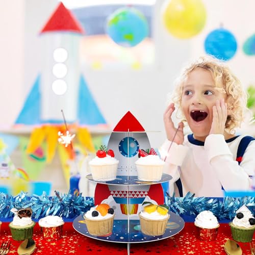 QIFU 2Pcs Space Cupcake Stand - 3 Tier Outer Space Rocket Theme Birthday Party Decorations Cardboard Cake Holder Dessert Tower for Boys Kids Galaxy Solar System Baby Shower Party Supplies Favors - Image 2