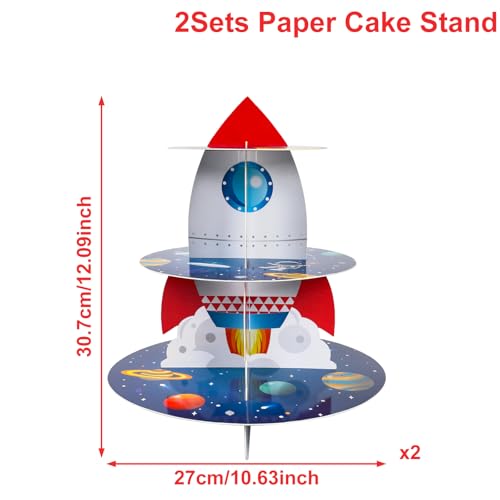 QIFU 2Pcs Space Cupcake Stand - 3 Tier Outer Space Rocket Theme Birthday Party Decorations Cardboard Cake Holder Dessert Tower for Boys Kids Galaxy Solar System Baby Shower Party Supplies Favors - Image 3