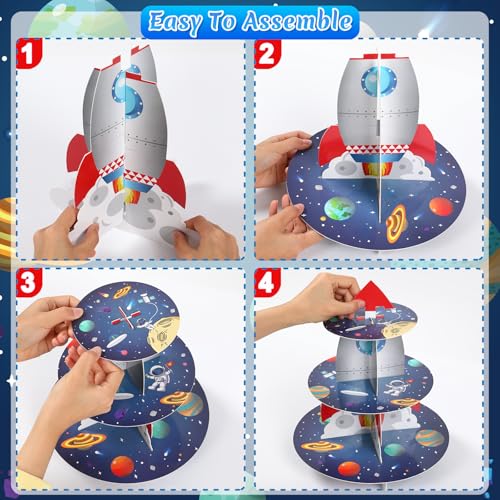 QIFU 2Pcs Space Cupcake Stand - 3 Tier Outer Space Rocket Theme Birthday Party Decorations Cardboard Cake Holder Dessert Tower for Boys Kids Galaxy Solar System Baby Shower Party Supplies Favors - Image 5