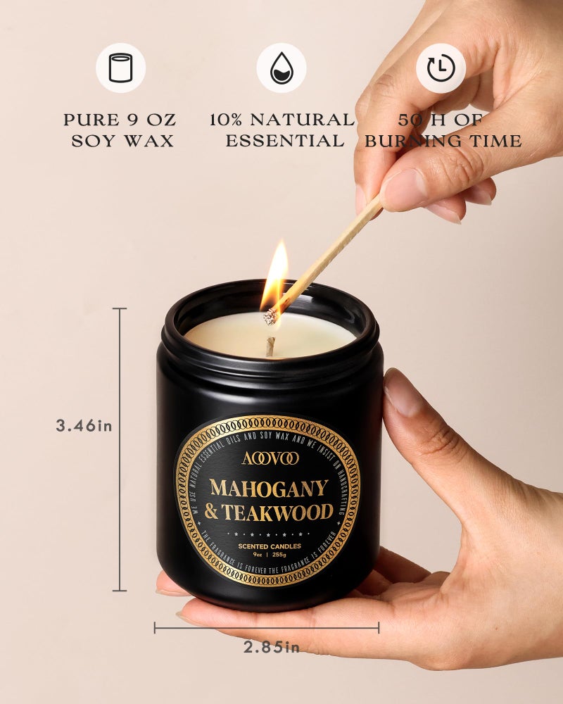 AOOVOO Scented Candles for Men - Mahogany & Teakwood Candles for Home Scented | Soy Candles | Strong Fragranced Masculine Black Candle Gift for Women & Men, 9oz - Image 3