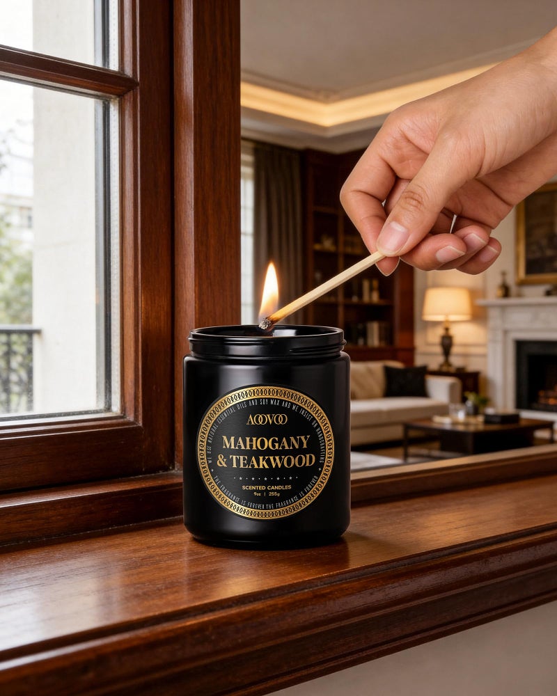 AOOVOO Scented Candles for Men - Mahogany & Teakwood Candles for Home Scented | Soy Candles | Strong Fragranced Masculine Black Candle Gift for Women & Men, 9oz - Image 2