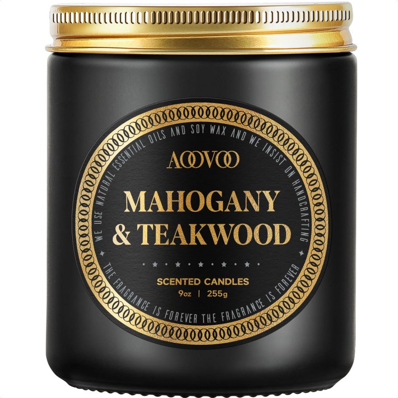 AOOVOO Scented Candles for Men - Mahogany & Teakwood Candles for Home Scented | Soy Candles | Strong Fragranced Masculine Black Candle Gift for Women & Men, 9oz - Image 1