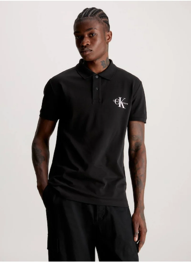 CALVIN KLEIN Men's Monogram Logo Short Sleeve Polo - Cotton, Black