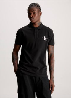 CALVIN KLEIN Men's Monogram Logo Short Sleeve Polo - Cotton, Black  - Image 1