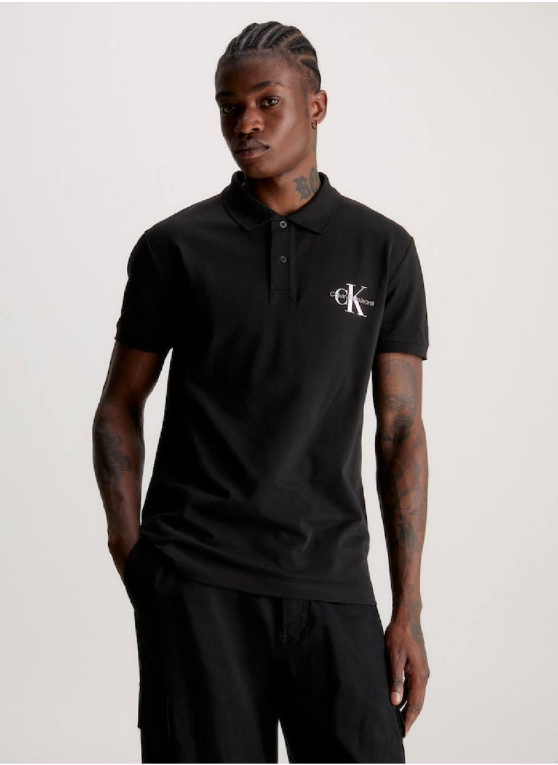 CALVIN KLEIN Men's Monogram Logo Short Sleeve Polo - Cotton, Black  - Image 1