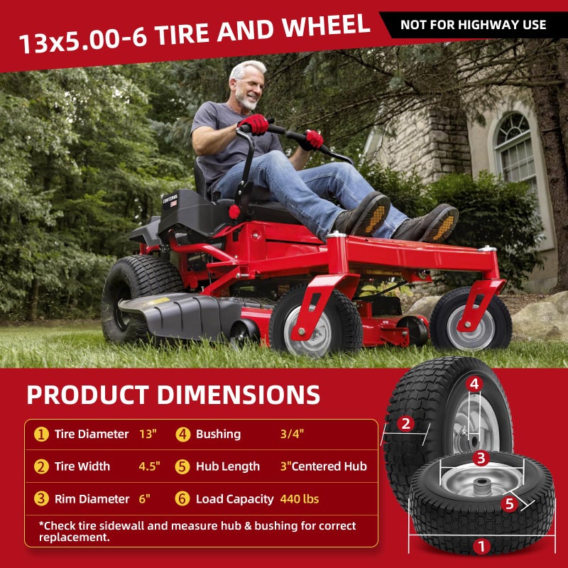 USCaster 13x5.00-6 Tire and Wheel Flat Free Assemblies (2 Pack),13 x5x6 Solid Rubbe Tires and Wheel for Riding Lawn Mower - With 3/4" Bushings (Extra 5/8" Bushings) and 3" Centered Hub (Gray) - Image 2