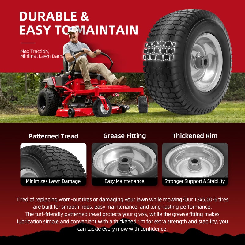 USCaster 13x5.00-6 Tire and Wheel Flat Free Assemblies (2 Pack),13 x5x6 Solid Rubbe Tires and Wheel for Riding Lawn Mower - With 3/4" Bushings (Extra 5/8" Bushings) and 3" Centered Hub (Gray) - Image 3