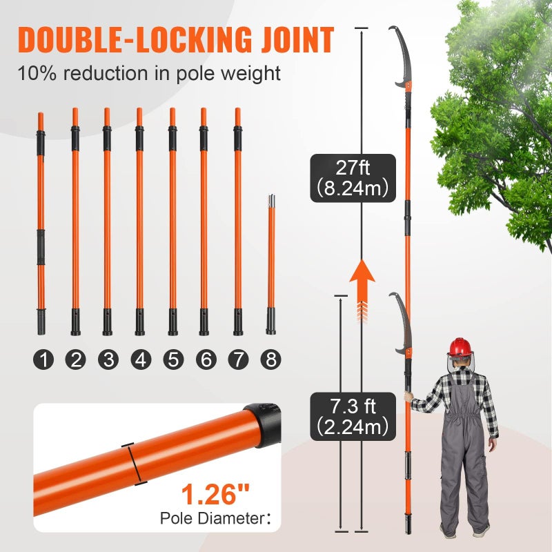 VEVOR Manual Pole Saw, 7.3-27 ft Extendable Tree Pruner, Sharp Steel Blade High Branches Trimming, Manual Branch Trimmer with Lightweight 8 Fiberglass Handles, for Pruning Palms and Shrubs - Image 4
