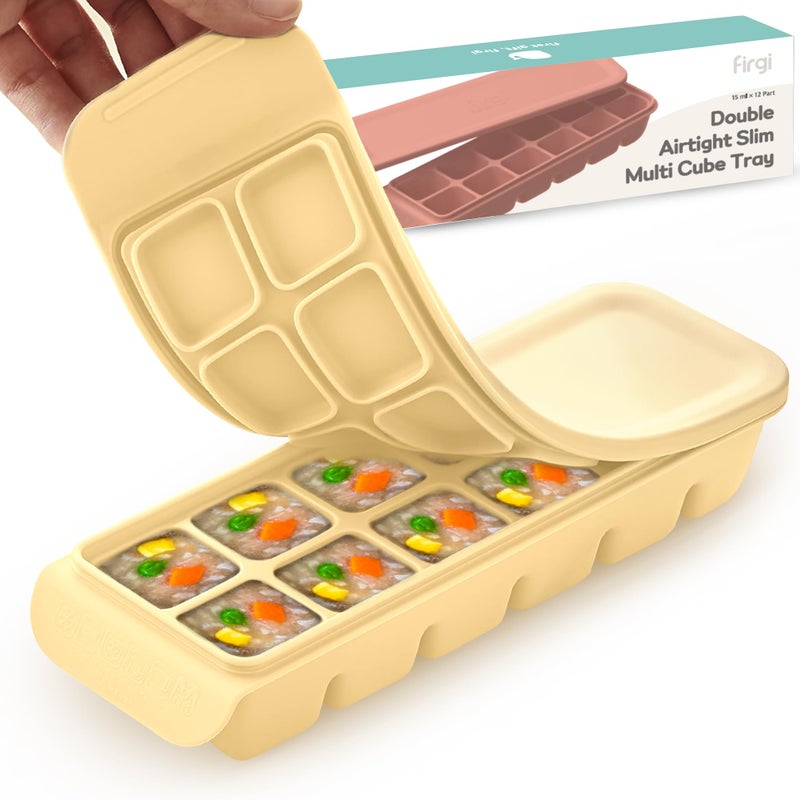 Firgi 0.7 oz/12 Sections Silicone Ice Cube Freezer Tray with Lid, 100% Food-Grade Platinum Silicone,Leak Resistance & Dishwasher Safe for Baby Food Prep,Breast Milk,Purees - Korean Made, Beige - Image 1