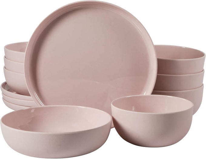 CANDY SKIES 12 PIECE UNBREAKABLE WHEAT STRAW MELAMINE PLATES AND BOWLS DINNERWARE SET OUTDOOR CAMPING EVERYDAY USE MATTE EXTERIORSHINY INTERIOR PINK