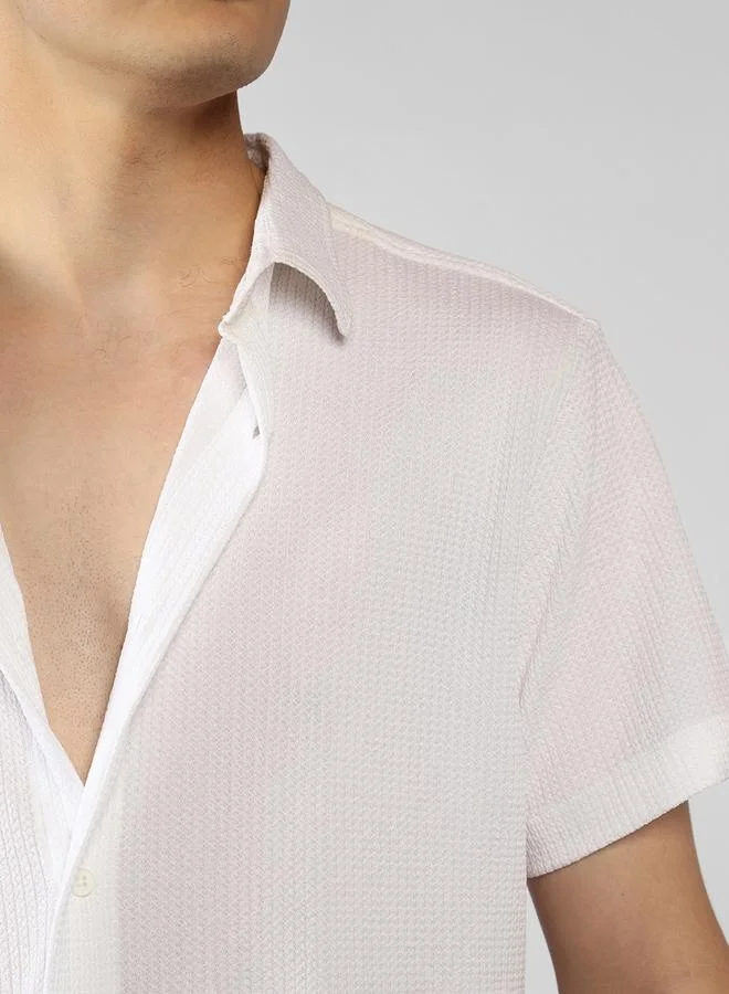 Dennis Lingo Regular Fit White Popcorn Shirt Spread Collar