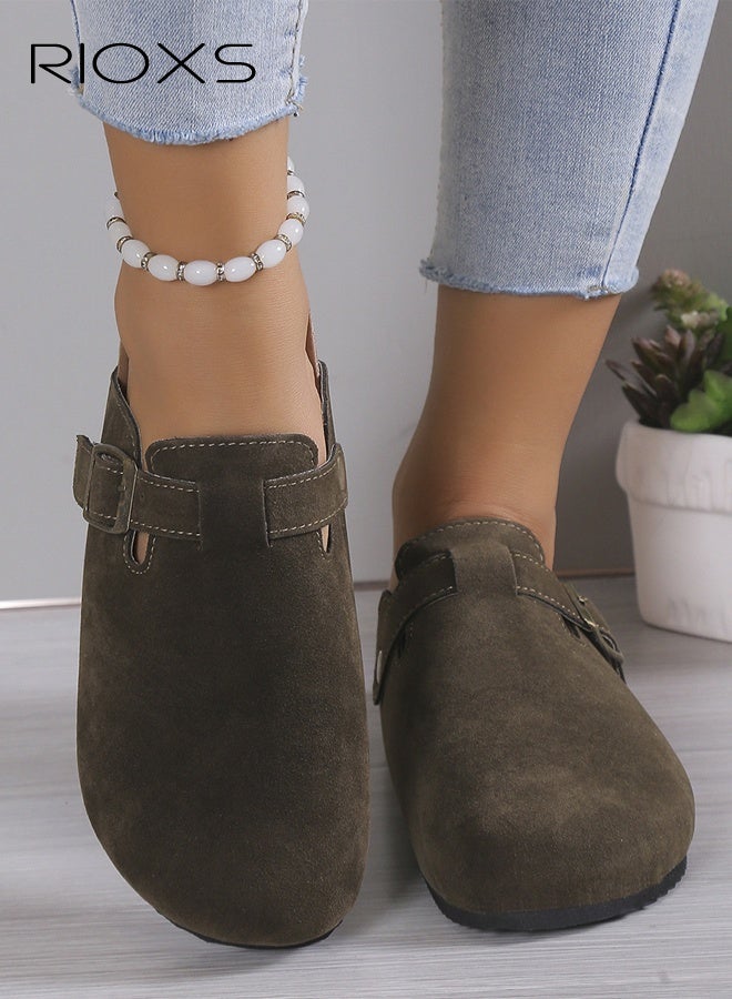 RIOXS Unisex Suede Clogs, Premium Suede Leather Clogs Sandals For Women And Men, Anti-Slip Flat Mules, Classic Slip-On Closed Toe Slippers, Clogs With Arch Support And Adjustable Buckle, Casual Clogs For Indoors Outdoor Activities, Green Suede Mules With Buckle, Wide Feet Friendly Clogs for Work and Weekend Outings - Image 3