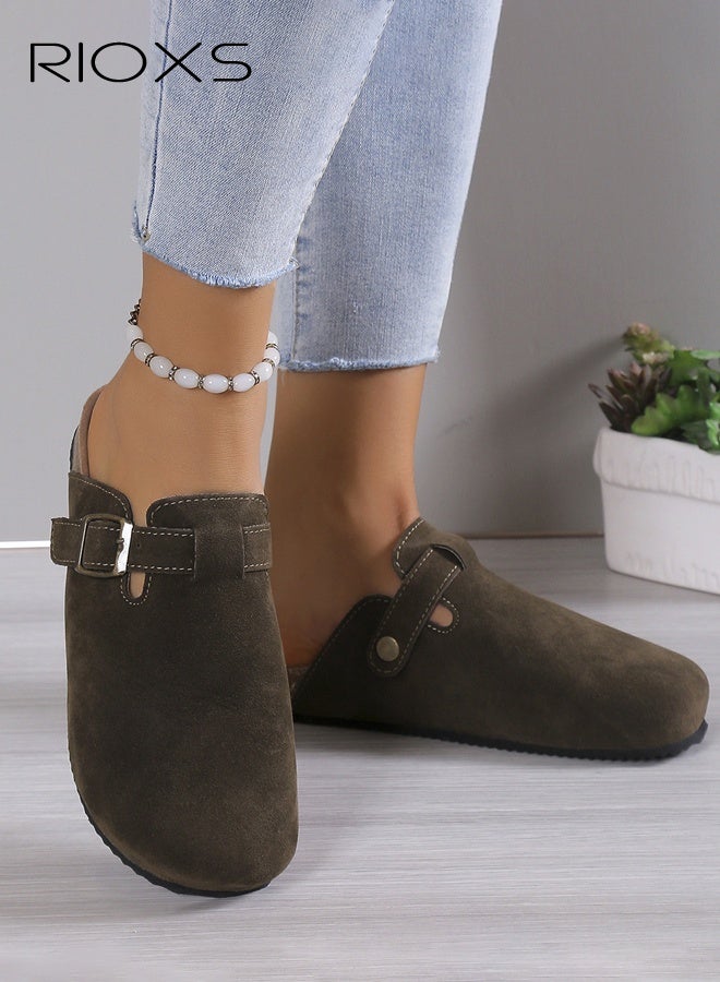 RIOXS Unisex Suede Clogs, Premium Suede Leather Clogs Sandals For Women And Men, Anti-Slip Flat Mules, Classic Slip-On Closed Toe Slippers, Clogs With Arch Support And Adjustable Buckle, Casual Clogs For Indoors Outdoor Activities, Green Suede Mules With Buckle, Wide Feet Friendly Clogs for Work and Weekend Outings - Image 2