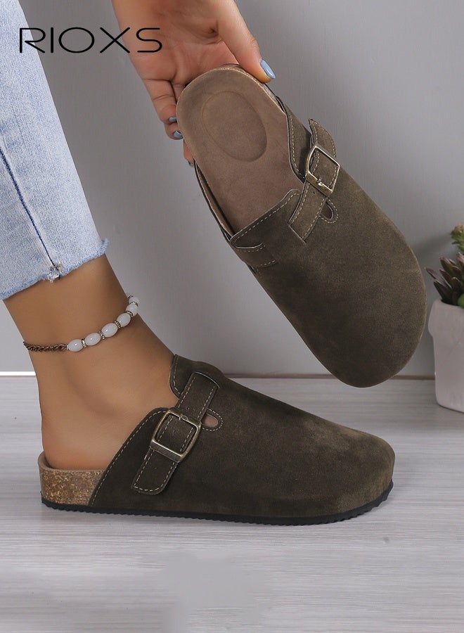 RIOXS Unisex Suede Clogs, Premium Suede Leather Clogs Sandals For Women And Men, Anti-Slip Flat Mules, Classic Slip-On Closed Toe Slippers, Clogs With Arch Support And Adjustable Buckle, Casual Clogs For Indoors Outdoor Activities, Green Suede Mules With Buckle, Wide Feet Friendly Clogs for Work and Weekend Outings - Image 4