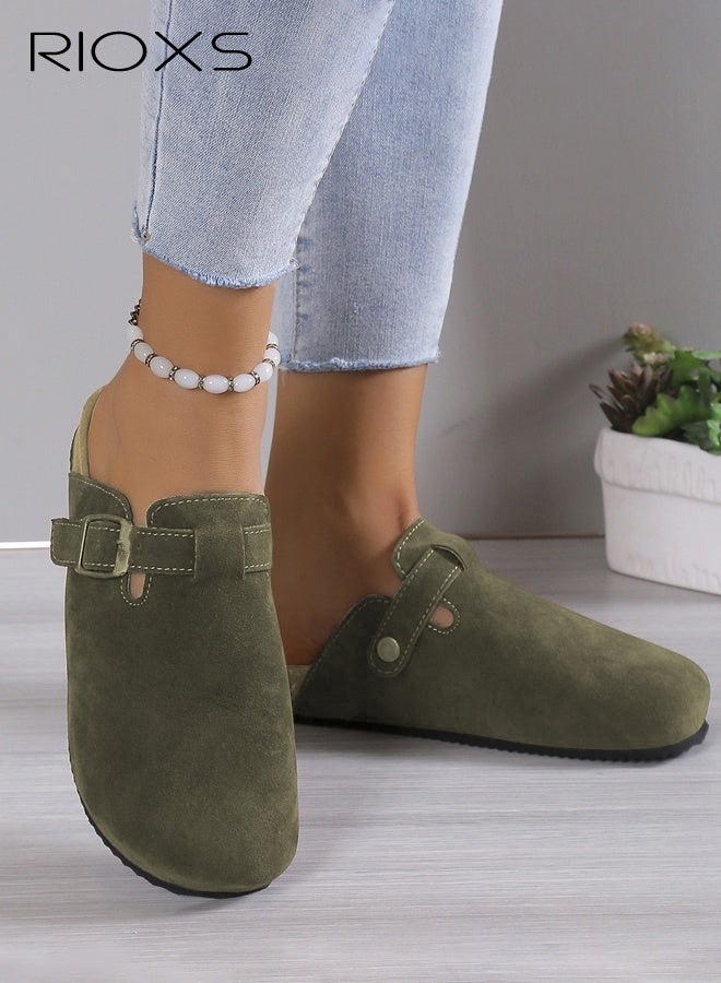 RIOXS Unisex Suede Clogs, Premium Suede Leather Clogs Sandals For Women And Men, Anti-Slip Flat Mules, Classic Slip-On Closed Toe Slippers, Clogs With Arch Support And Adjustable Buckle, Casual Clogs For Indoors Outdoor Activities, Green Suede Mules With Buckle, Wide Feet Friendly Clogs for Work and Weekend Outings - Image 3