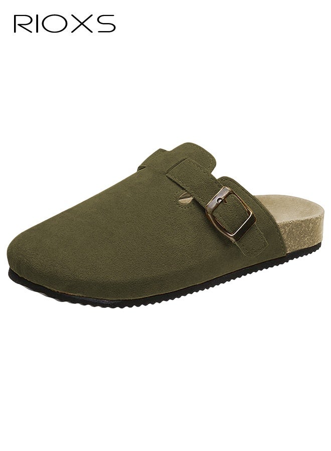 RIOXS Unisex Suede Clogs, Premium Suede Leather Clogs Sandals For Women And Men, Anti-Slip Flat Mules, Classic Slip-On Closed Toe Slippers, Clogs With Arch Support And Adjustable Buckle, Casual Clogs For Indoors Outdoor Activities, Green Suede Mules With Buckle, Wide Feet Friendly Clogs for Work and Weekend Outings - Image 5