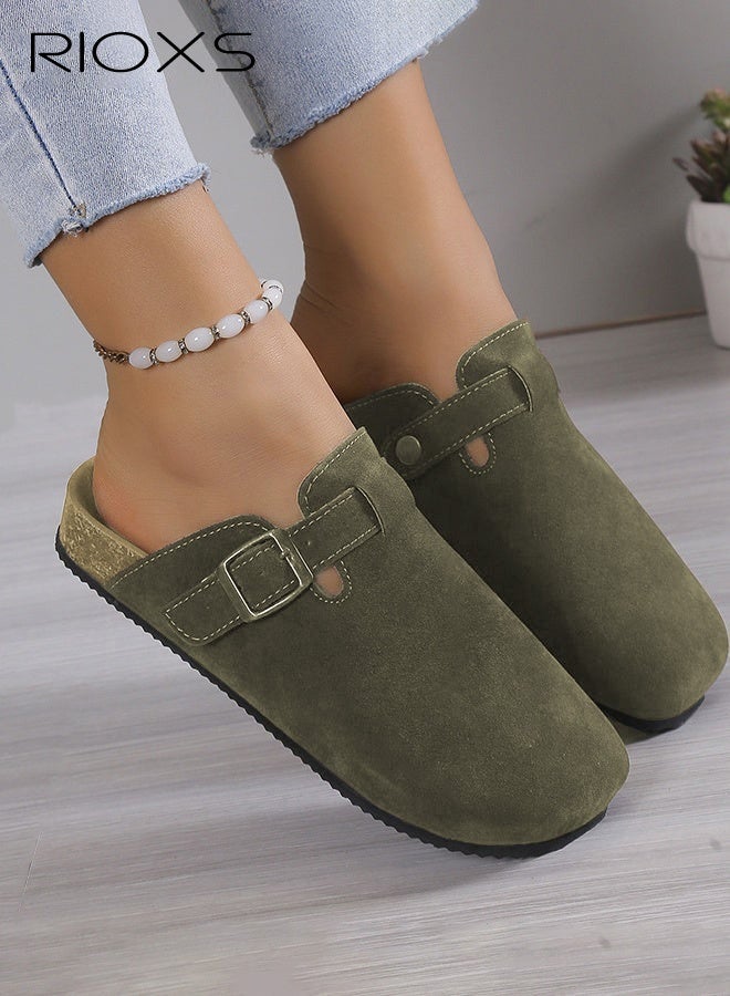 RIOXS Unisex Suede Clogs, Premium Suede Leather Clogs Sandals For Women And Men, Anti-Slip Flat Mules, Classic Slip-On Closed Toe Slippers, Clogs With Arch Support And Adjustable Buckle, Casual Clogs For Indoors Outdoor Activities, Green Suede Mules With Buckle, Wide Feet Friendly Clogs for Work and Weekend Outings - Image 1