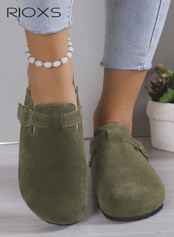RIOXS Unisex Suede Clogs, Premium Suede Leather Clogs Sandals For Women And Men, Anti-Slip Flat Mules, Classic Slip-On Closed Toe Slippers, Clogs With Arch Support And Adjustable Buckle, Casual Clogs For Indoors Outdoor Activities, Green Suede Mules With Buckle, Wide Feet Friendly Clogs for Work and Weekend Outings - Image 4