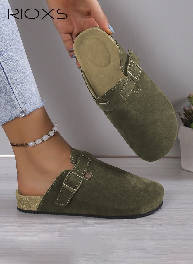 RIOXS Unisex Suede Clogs, Premium Suede Leather Clogs Sandals For Women And Men, Anti-Slip Flat Mules, Classic Slip-On Closed Toe Slippers, Clogs With Arch Support And Adjustable Buckle, Casual Clogs For Indoors Outdoor Activities, Green Suede Mules With Buckle, Wide Feet Friendly Clogs for Work and Weekend Outings - Image 2