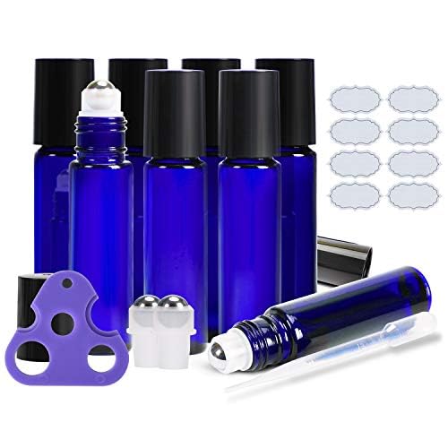 ULG Roll on Bottles 10ml Blue Glass Empty Bottles 8 Piece with Stainless Steel Roller Ball 2 Extra Balls 8 Piece Waterproof Labels 1 Opener and 3ml Dropper for Essential Oils