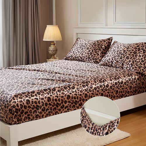 MRHM Satin Fitted Sheet Full Size Silky Bottom Sheet with Elastic Corner Straps Deep Pocket up to 15 Inch No More Slipping Off for Mattress  1 Fitted Sheet Only Brown Leopard