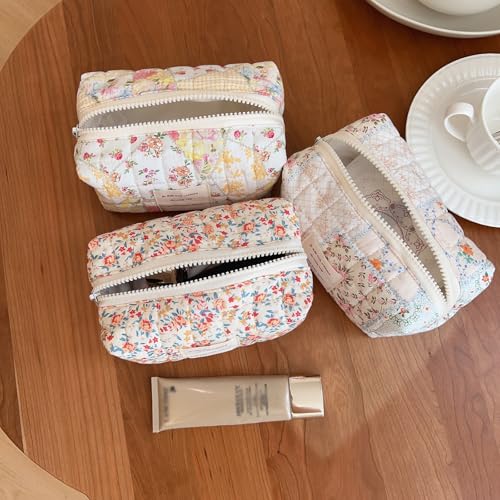 Sminra Floral Makeup Bag Small Cotton Quilted Cosmetic Bag Organizer, Aesthetic Cottagecore Preppy Portable Pouch Purse Toiletry Bag for Women Girls Travel accessories (Beige Floral-S) - Image 4