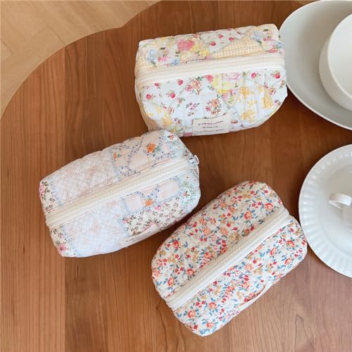 Sminra Floral Makeup Bag Small Cotton Quilted Cosmetic Bag Organizer, Aesthetic Cottagecore Preppy Portable Pouch Purse Toiletry Bag for Women Girls Travel accessories (Beige Floral-S) - Image 5